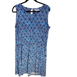 Susan Graver Sleeves Dress blue and White Geometrical Pattern EUC Women L